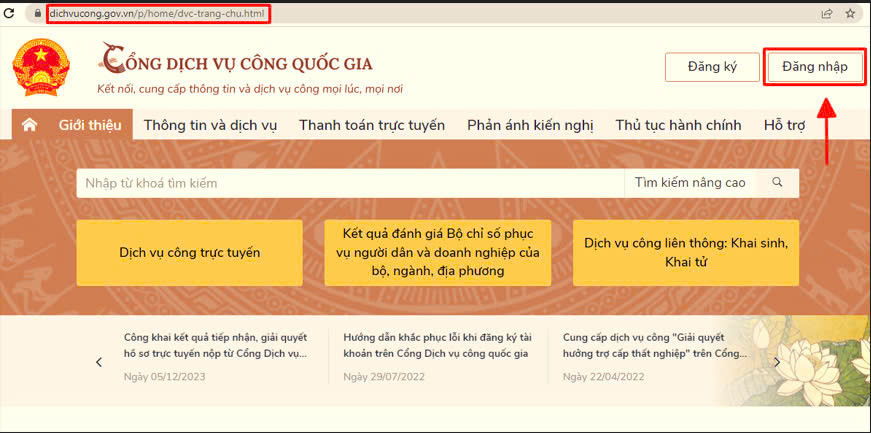 Đăng nhập Dịch vụ công Quốc gia