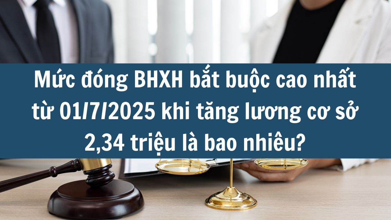 Mức đóng BHXH bắt buộc cao nhất từ 01/7/2025 khi tăng lương cơ sở 2,34 triệu là bao nhiêu?