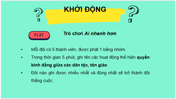 Giáo án điện tử KTPL 11 Bài 12 (Cánh diều): Quyền bình đẳng giữa các dân tộc, tôn giáo (ảnh 1)