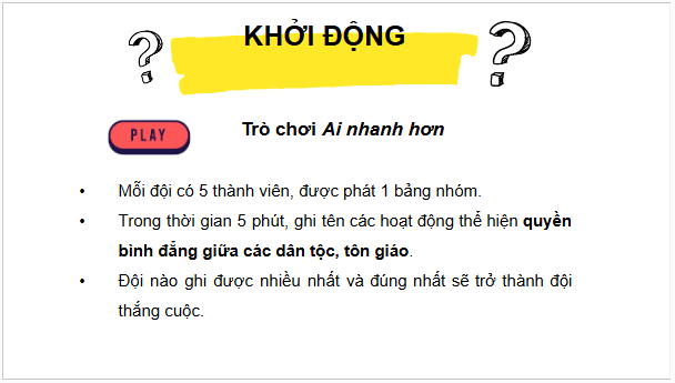 Giáo án điện tử KTPL 11 Bài 12 (Cánh diều): Quyền bình đẳng giữa các dân tộc, tôn giáo (ảnh 1)