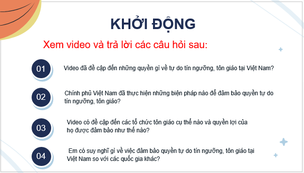 Giáo án điện tử KTPL 11 Bài 21 (Cánh diều): Quyền và nghĩa vụ công dân về tự do tín ngưỡng và tôn giáo (ảnh 1)