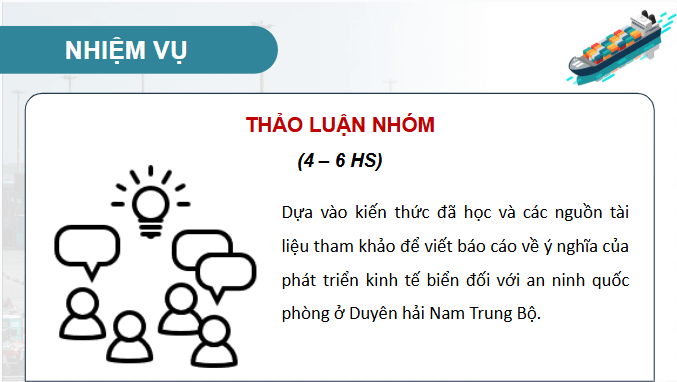 Gi&aacute;o &aacute;n điện tử Địa l&iacute; 12 B&agrave;i 29 (Ch&acirc;n trời s&aacute;ng tạo): Thực h&agrave;nh: T&igrave;m hiểu &yacute; nghĩa của ph&aacute;t triển kinh tế biển đối với an ninh quốc ph&ograve;ng ở Duy&ecirc;n hải Nam Trung Bộ (ảnh 1)