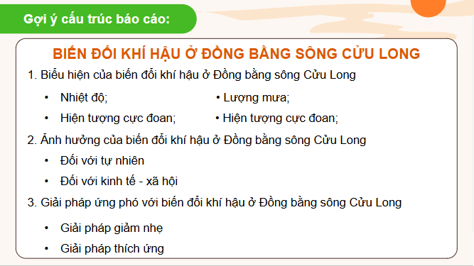 Giáo án điện tử Địa lí 12 Bài 35 (Chân trời sáng tạo): Thực hành: Tìm hiểu về biến đổi khí hậu ở Đồng bằng sông Cửu Long (ảnh 1)