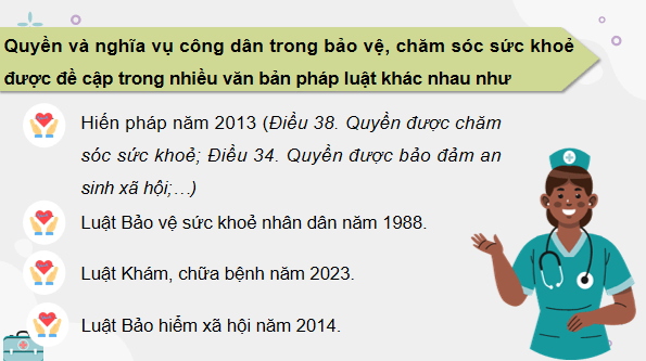 Giáo án điện tử KTPL 12 (Chân trời sáng tạo): Bài 12: Quyền và nghĩa vụ của công dân trong bảo vệ, chăm sóc sức khoẻ và bảo đảm an sinh xã hội (ảnh 1)