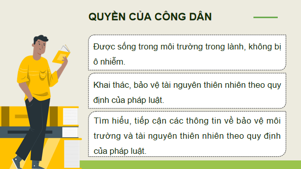 Giáo án điện tử KTPL 12 (Cánh diều): Bài 14: Quyền và nghĩa vụ của công dân trong bảo vệ môi trường và tài nguyên thiên nhiên (ảnh 1)