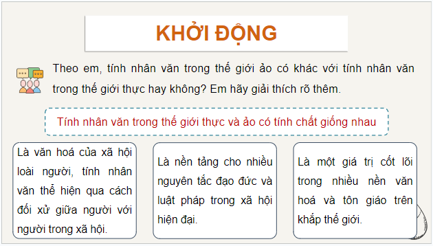 Giáo án điện tử Tin học 12 (Cánh diều): Giữ gìn tính nhân văn trong thế giới ảo (ảnh 1)