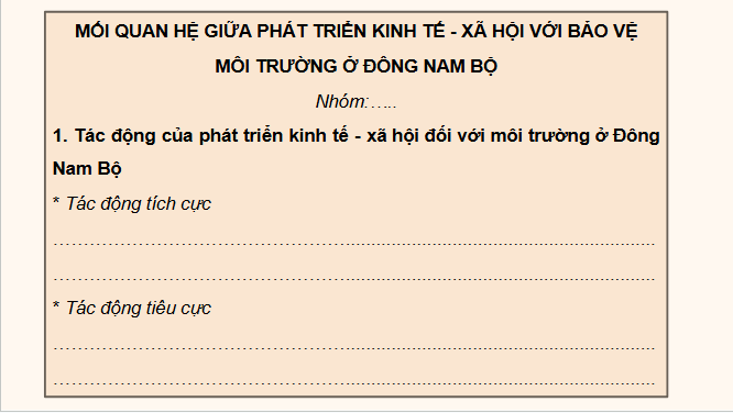 Giáo án điện tử Địa lí 12 Bài 33 (Chân trời sáng tạo): Thực hành: Tìm hiểu mối quan hệ giữa phát triển kinh tế - xã hội với bảo vệ môi trường ở Đông Nam Bộ (ảnh 1)