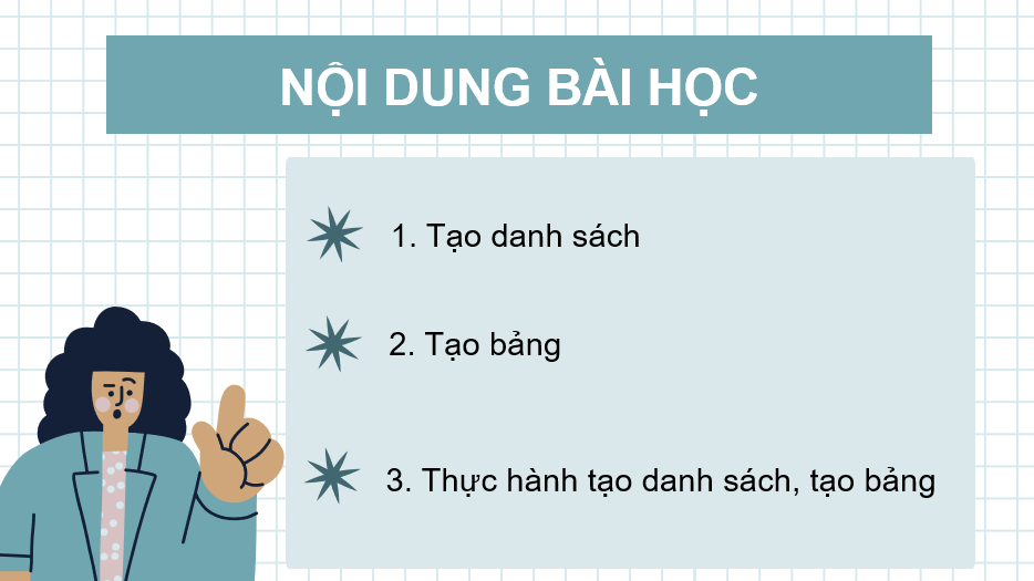Giáo án điện tử Tin học 12 (Cánh diều): Bài 4: Trình bày nội dung theo dạng danh sách, bảng biểu (ảnh 1)