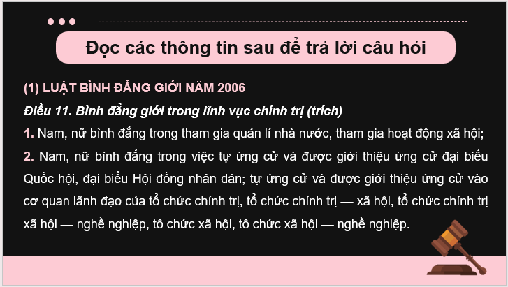Giáo án điện tử KTPL 11 Bài 10 (Kết nối tri thức): Bình đẳng trong các lĩnh vực (ảnh 1)