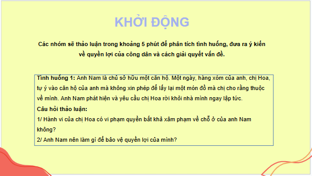 Giáo án điện tử KTPL 11 Bài 18 (Chân trời sáng tạo): Quyền bất khả xâm phạm về chỗ ở (ảnh 1)