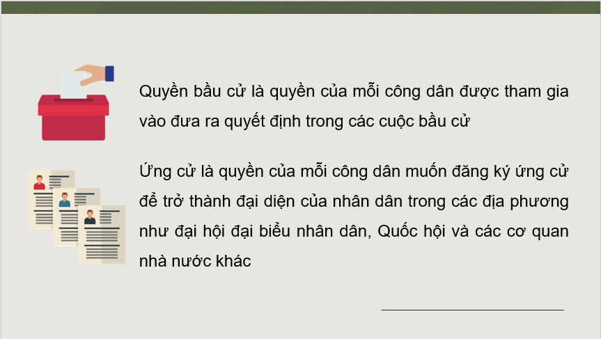Giáo án điện tử KTPL 11 Bài 14 (Chân trời sáng tạo): Quyền và nghĩa vụ công dân về bầu cử và ứng cử (ảnh 1)
