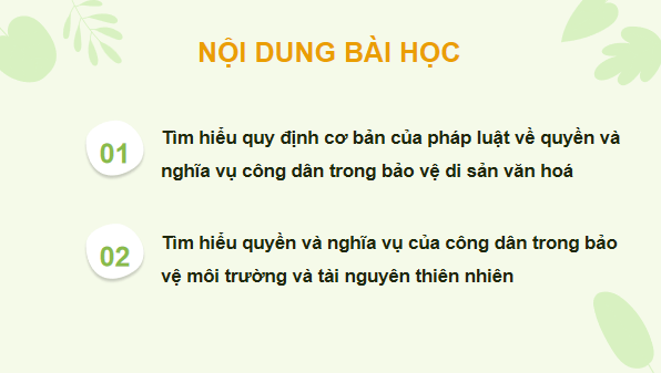 Giáo án điện tử KTPL 12 (Chân trời sáng tạo): Bài 13: Quyền và nghĩa vụ của công dân trong bảo vệ di sản văn hoá, môi trường và tài nguyên thiên nhiên (ảnh 1)