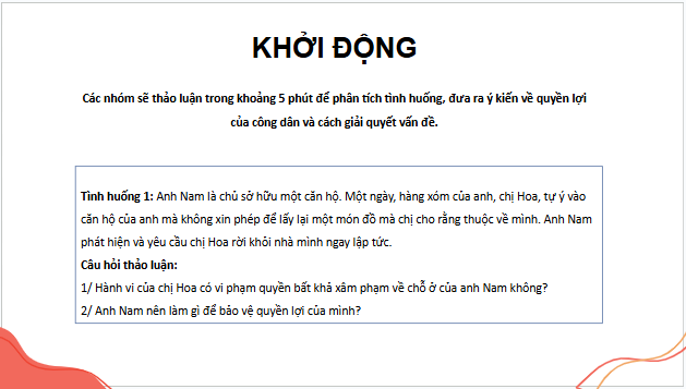 Giáo án điện tử KTPL 11 Bài 18 (Kết nối tri thức): Quyền bất khả xâm phạm về chỗ ở của công dân (ảnh 1)