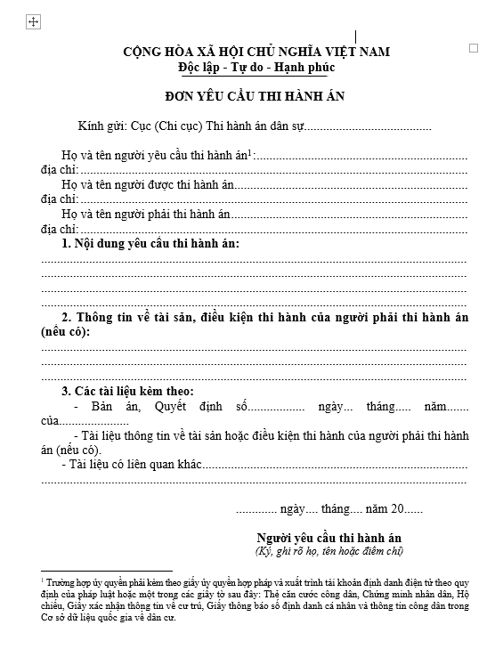 Mẫu đơn y&ecirc;u cầu thi h&agrave;nh &aacute;n d&acirc;n sự