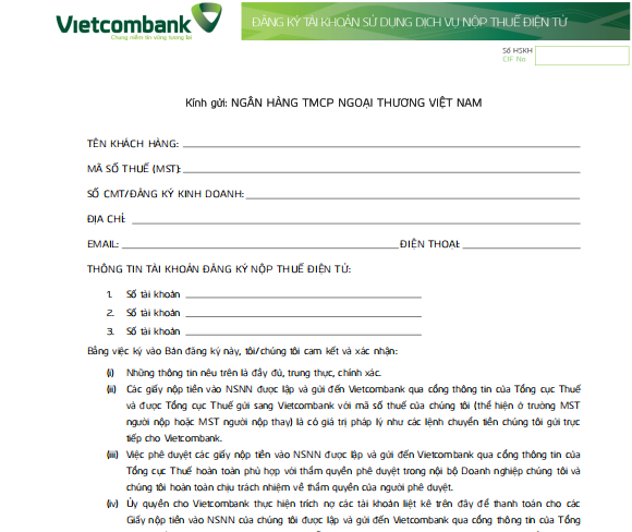 Biểu mẫu đăng k&yacute; nộp thuế điện tử ng&acirc;n h&agrave;ng Vietcombank
