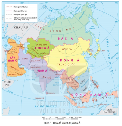 Xác định các khu vực của châu Á trên bản đồ hình 1 (ảnh 1)