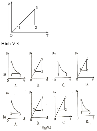 Hình V.3 là đồ thị mô tả sự biến đổi trạng thái của 1 mol khí lí tưởng trong hệ tọa độ (V; T.) (ảnh 1)