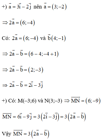 Trong mặt phẳng tọa độ Oxy, cho các vectơ a = 3i - 2j; veco b(4; -1) (ảnh 1)