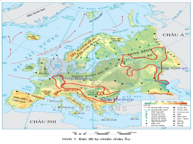Hãy xác định vị trí các sông Vôn-ga, Đa-nuyp, Rai-nơ trên hình 1 (ảnh 1)