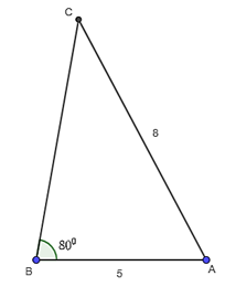 Cho tam giác ABC có b = 8, c = 5 và góc B = 80 độ Tính số đo các góc (ảnh 1)
