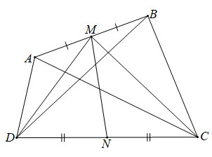 Cho tứ giác ABCD. Gọi M, N tương ứng là trung điểm của các cạnh AB (ảnh 1)