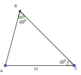 Cho tam giác ABC có AC = 10, góc B = 60 độ, góc C = 45 độ . Tính a, R, S, r (ảnh 1)