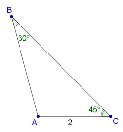 Tính diện tích tam giác ABC có b = 2, góc B = 30 độ, góc C = 45 độ (ảnh 1)