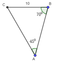 Cho tam giác ABC có a = 10,góc A = 45 độ, góc B = 70 độ . Tính R, b, c (ảnh 1)