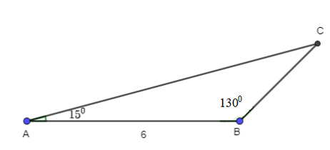Giải tam giác ABC và tính diện tích tam giác đó, biết góc A = 15 độ, góc B = 130 độ, c= 6 (ảnh 1)