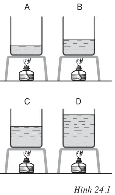 Có bốn hình A, B, C, D đều đựng nước ở cùng một nhiệt độ. Sau khi dùng các đèn cồn giống hệt nhau (ảnh 1)
