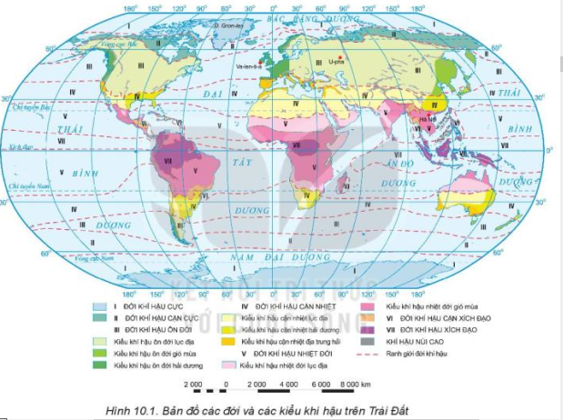 Giải Địa lí 10 Bài 10: Thực hành đọc bản đồ các đới và các kiểu khí hậu trên Trái Đất. Phân tích biểu đồ một số kiểu khí hậu - Kết nối tri thức (ảnh 1)